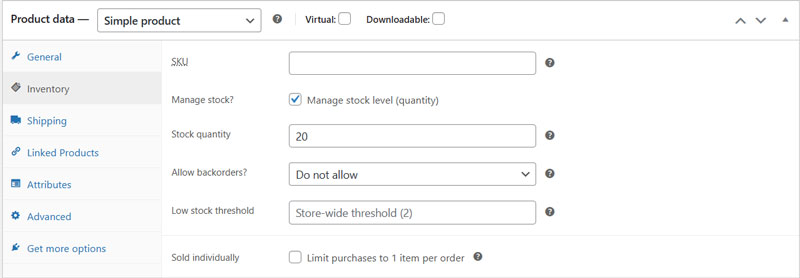 WooCommerce Product Data Inventory