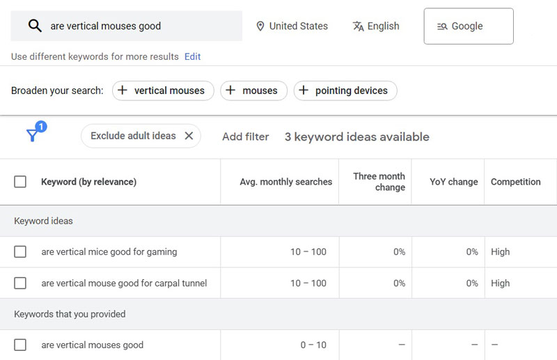 Google Keyword Planner Vertical Mouse