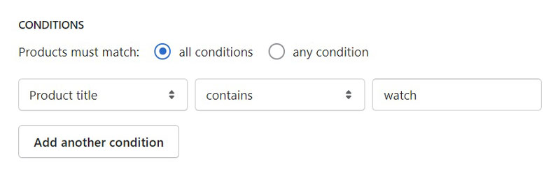 Shopify Automated Collections example showing title condition