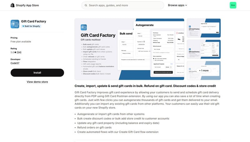 Gift Card Factory Shopify App Page