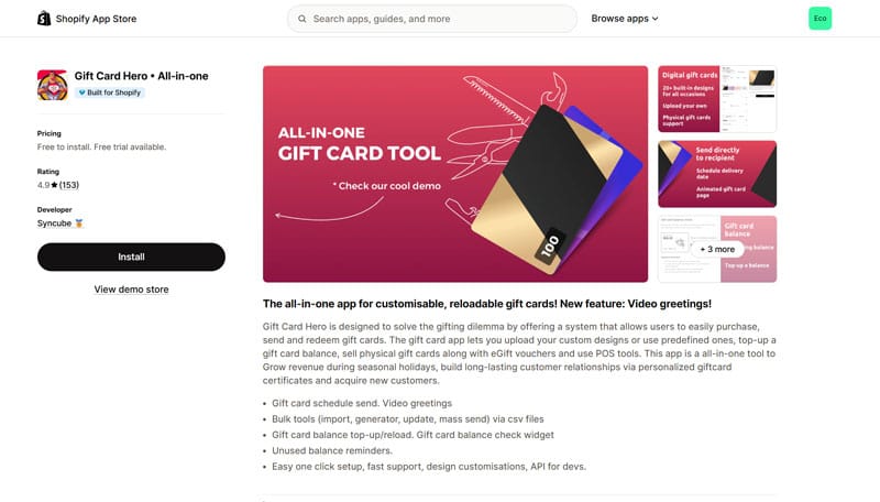 Gift Card Hero Shopify App Listing