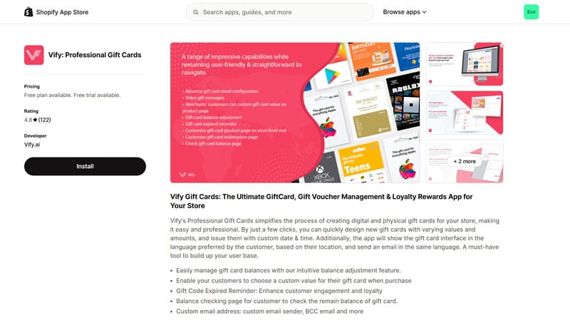 Vify Gift Cards Shopify App Page