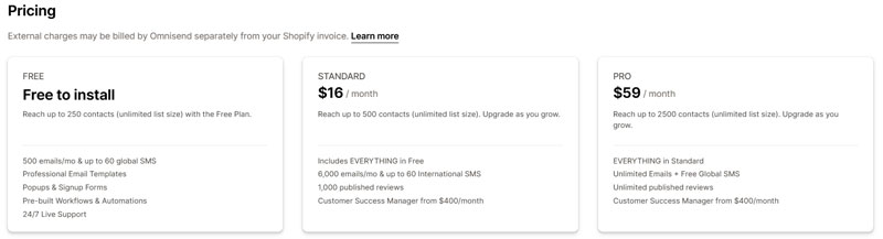 Omnisend email app pricing