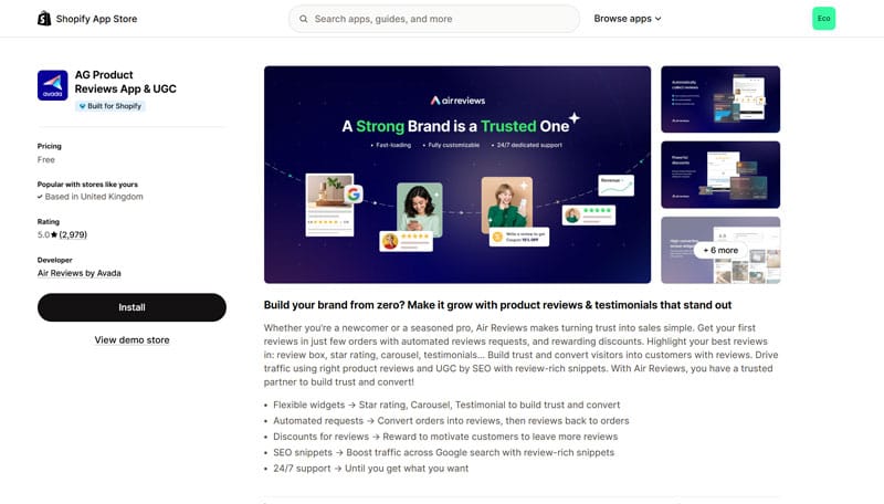 Air Reviews Shopify App Page