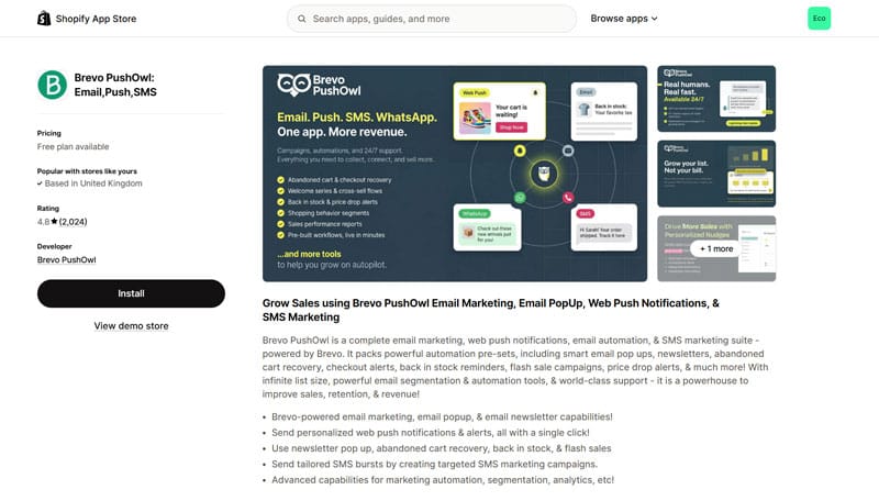 PushOwl Shopify App Page