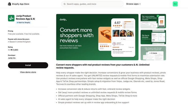 Junip Shopify App Page