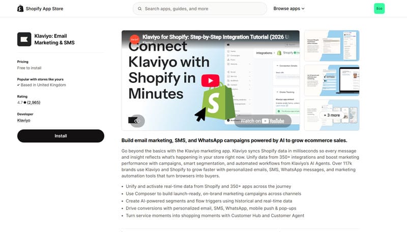 Klaviyo Shopify App Page
