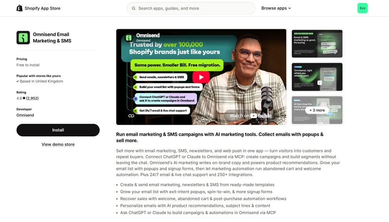 Omnisend Shopify App Page