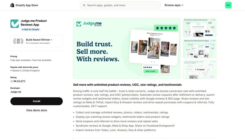 Judge.me Shopify App Page