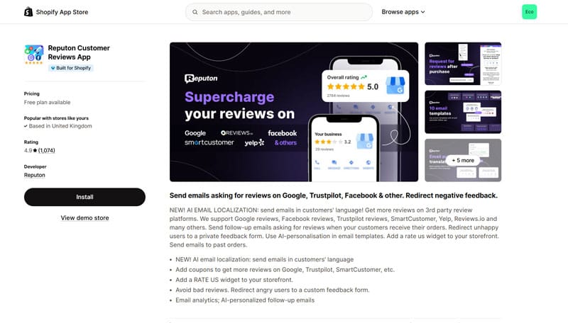 Reputon Shopify App Page